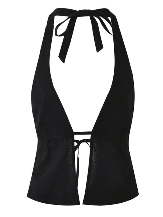 Damen Crop-Top mit tiefem V-Ausschnitt und Bindebändern Drune
