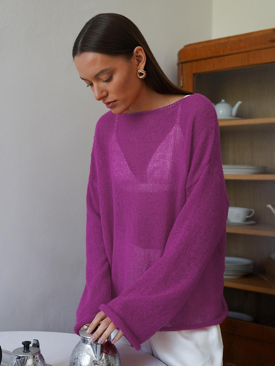 Damen lässiger Pullover mit weiten Ärmeln und feinem Lochstrickdesign Drune