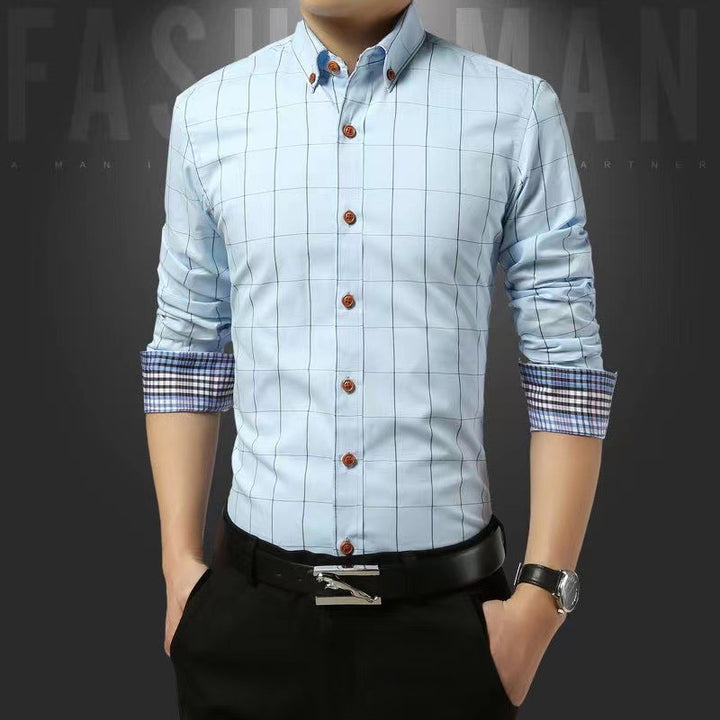 Herren nan tailliertes Businesshemd mit Button-Down-Kragen kariert und kontrastfutter Drune