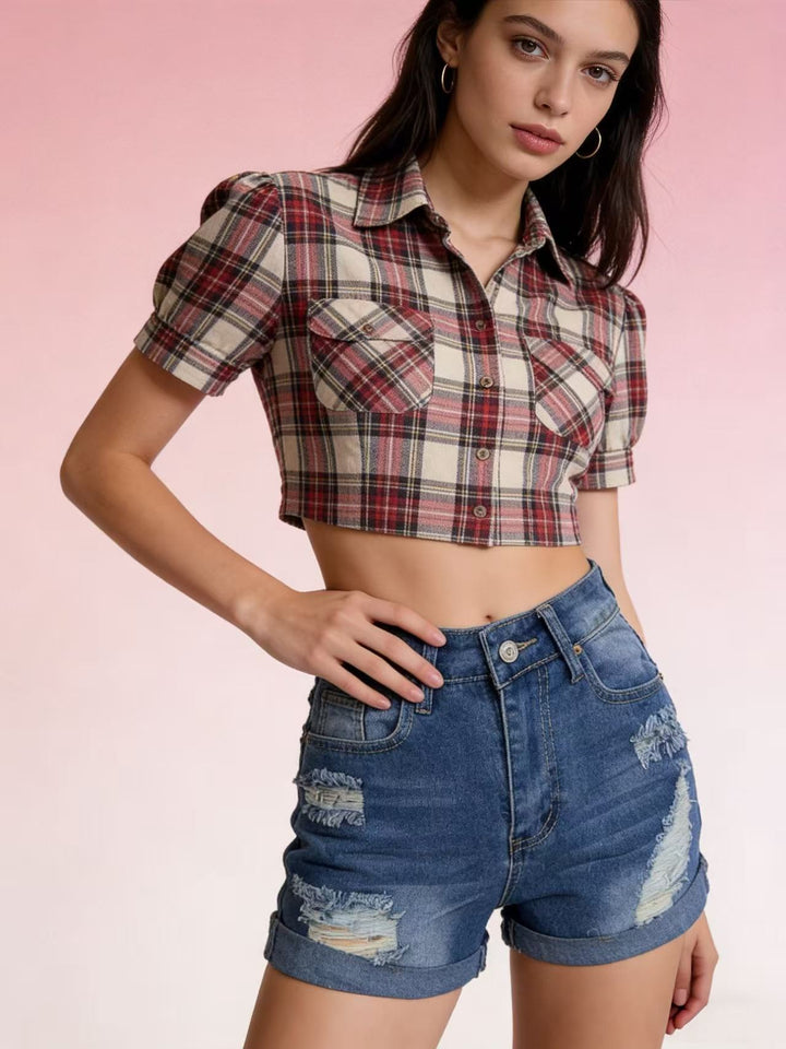 Damen Crop-Hemd im klassischen Karomuster mit Puffärmeln Drune