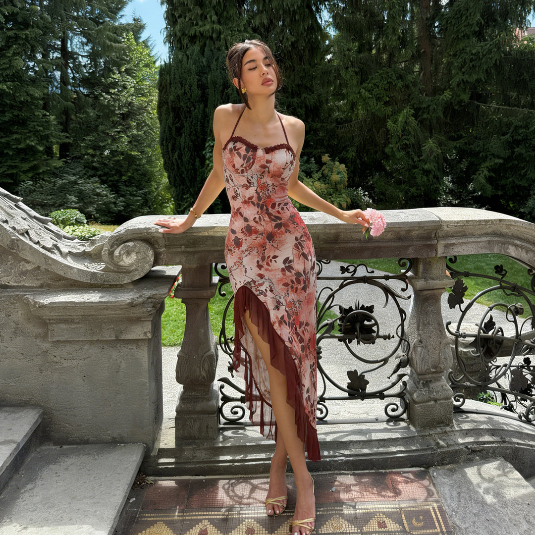 Damen asymmetrisches Floral-Maxikleid mit zartem Rüschensaum und verführerischem Schnitt Drune
