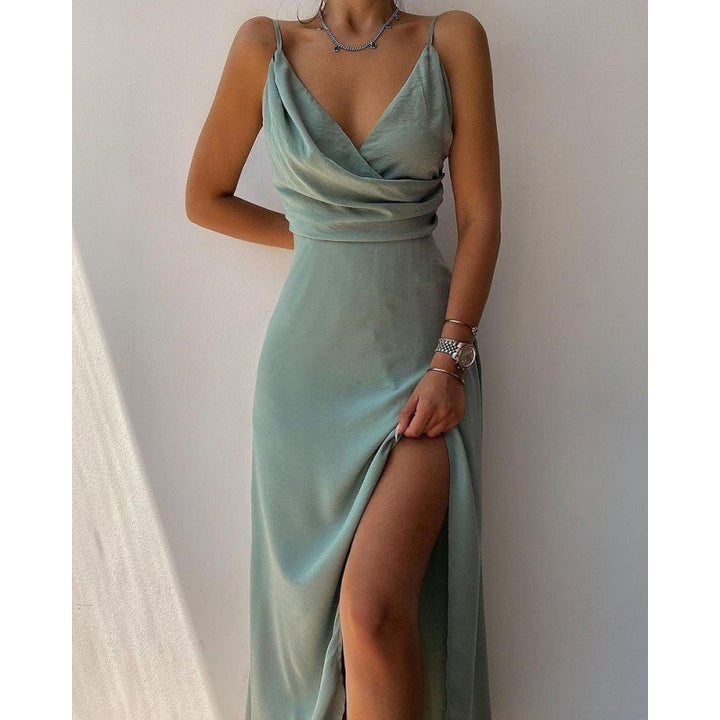 Damen Elegantes Hohe Schlitz Satin Maxi Kleid Drune
