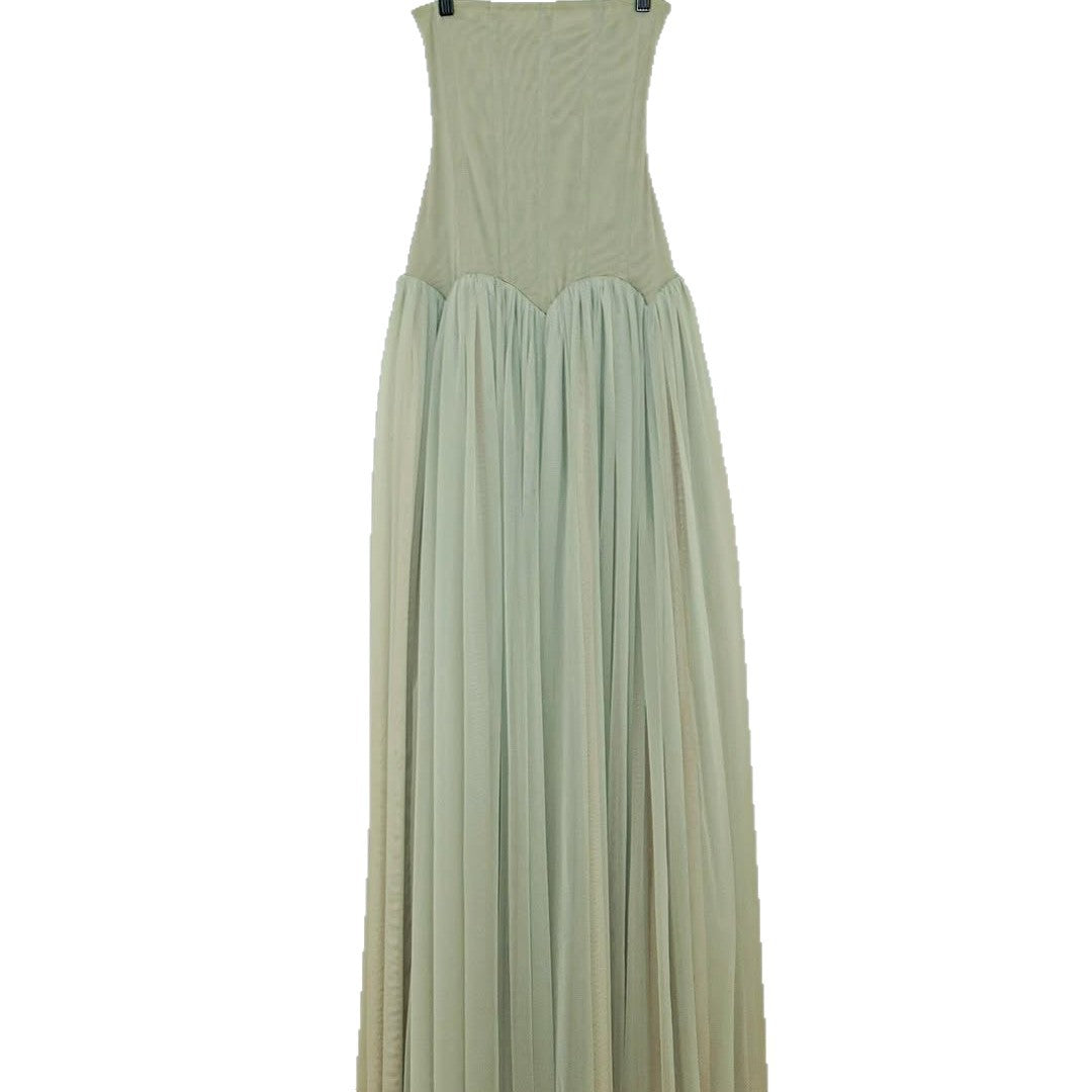 Damen elegantes, trägerloses Maxikleid mit fließendem Tüllrock Drune