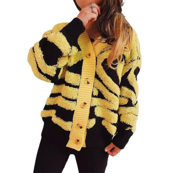 Damen modische Strickjacke mit grafischem Muster und luxuriösen Knöpfen Drune