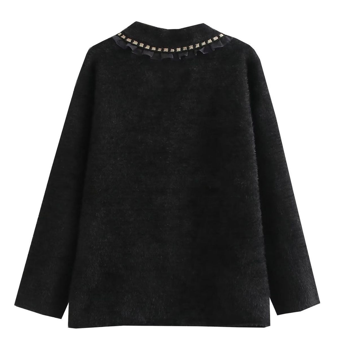 Damen modische Strickjacke mit dekorativen Rüschen und perlenverzierten Knopfdetails Drune