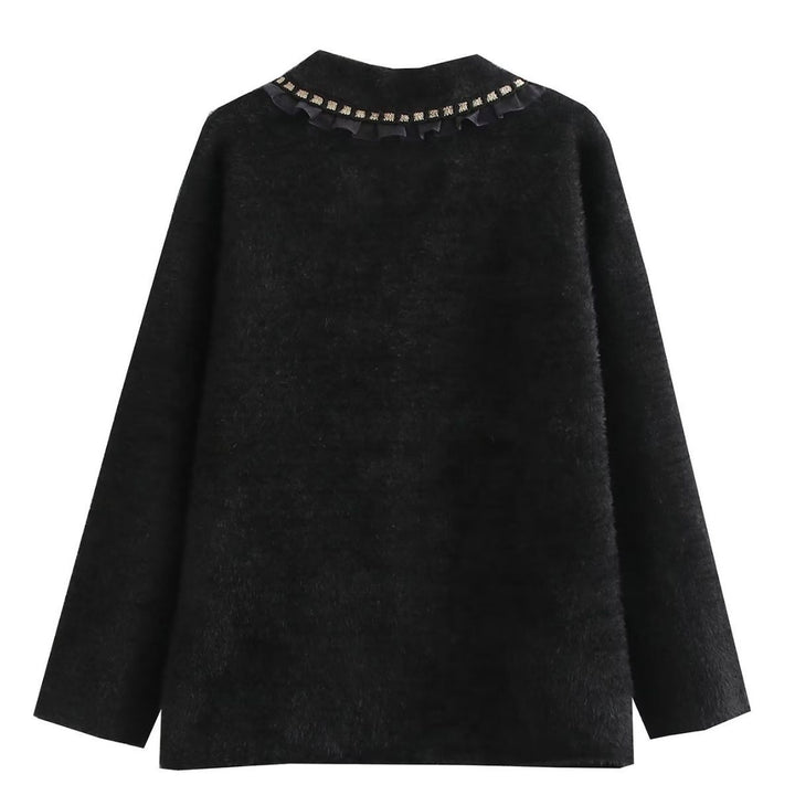 Damen modische Strickjacke mit dekorativen Rüschen und perlenverzierten Knopfdetails Drune
