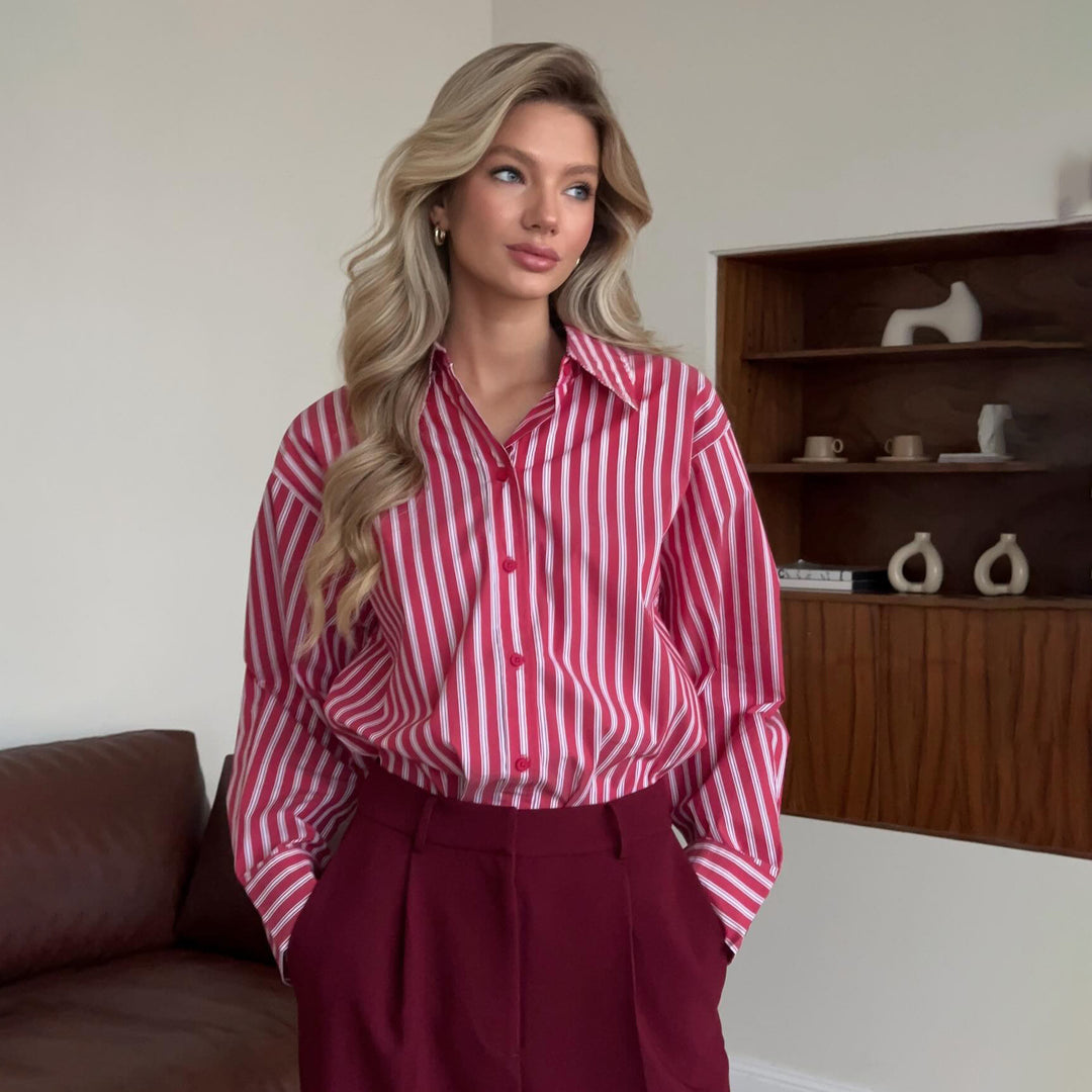 Damen gestreifte Bluse mit voluminösen Ärmeln und modischen Knopfdetails Drune