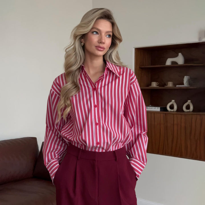 Damen gestreifte Bluse mit voluminösen Ärmeln und modischen Knopfdetails Drune