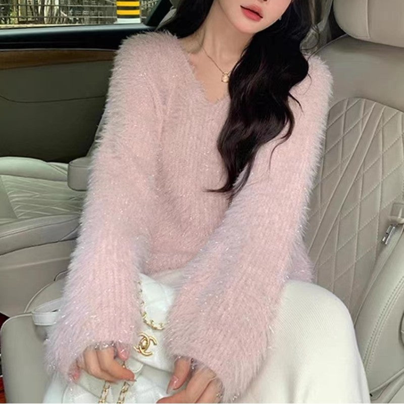 Damen kuscheliger V-Ausschnitt Pullover mit glitzerndem Faden Drune