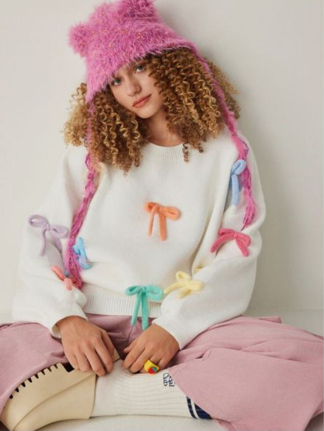 Damen kreative Strickpullover mit bunten Applikationen Drune