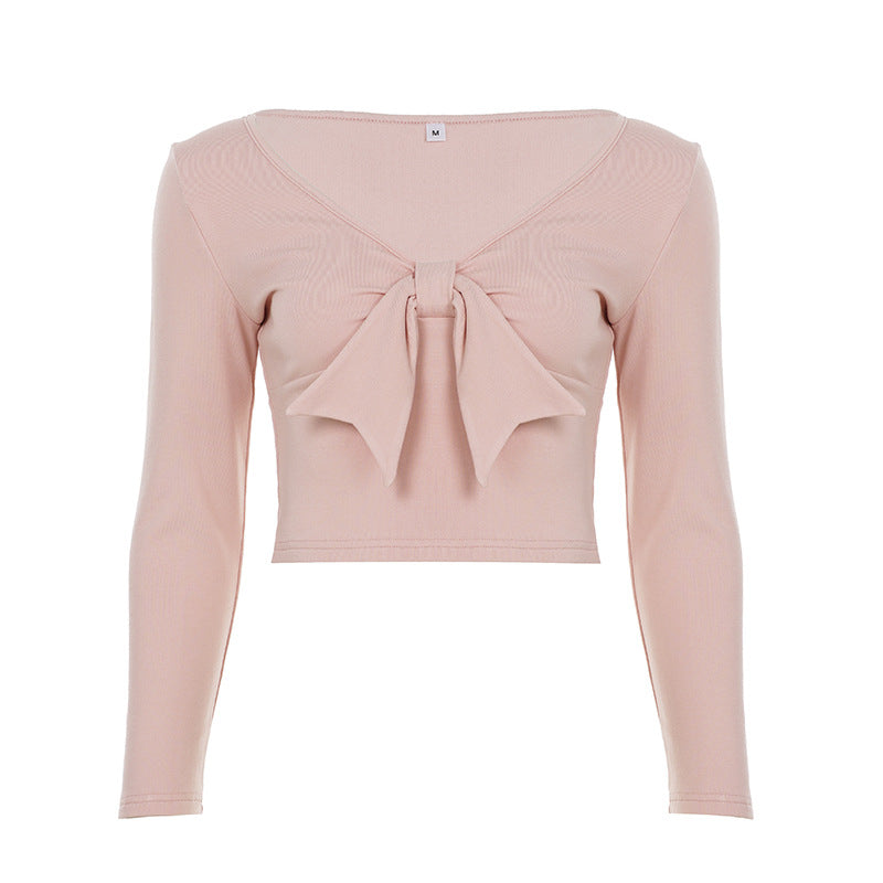 Damen nan Cropped-Longsleeve mit dekorativer Schleifenfront, V-Ausschnitt und figurbetonter Passform Drune