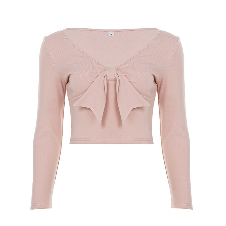 Damen nan Cropped-Longsleeve mit dekorativer Schleifenfront, V-Ausschnitt und figurbetonter Passform Drune