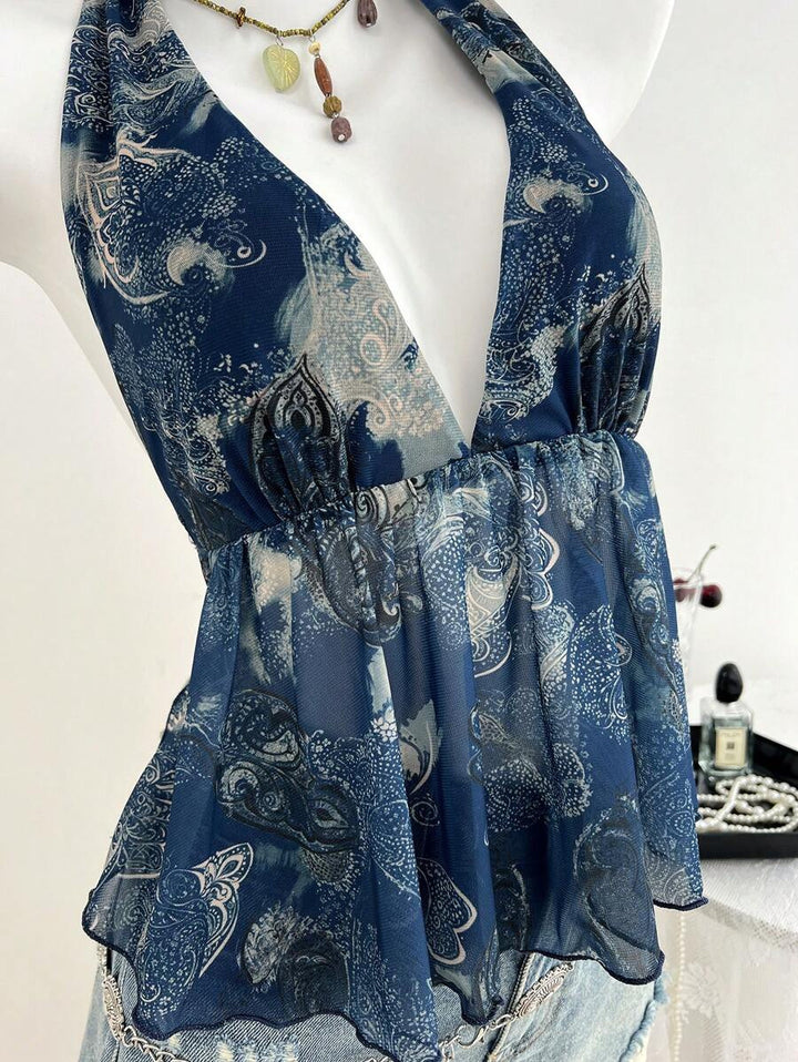 Damen luftiges Blusentop im halterlosen Design mit floralem Druck Drune