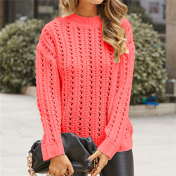 Damen luftiger Strickpullover mit Lochmuster und modernem Stehkragen Drune