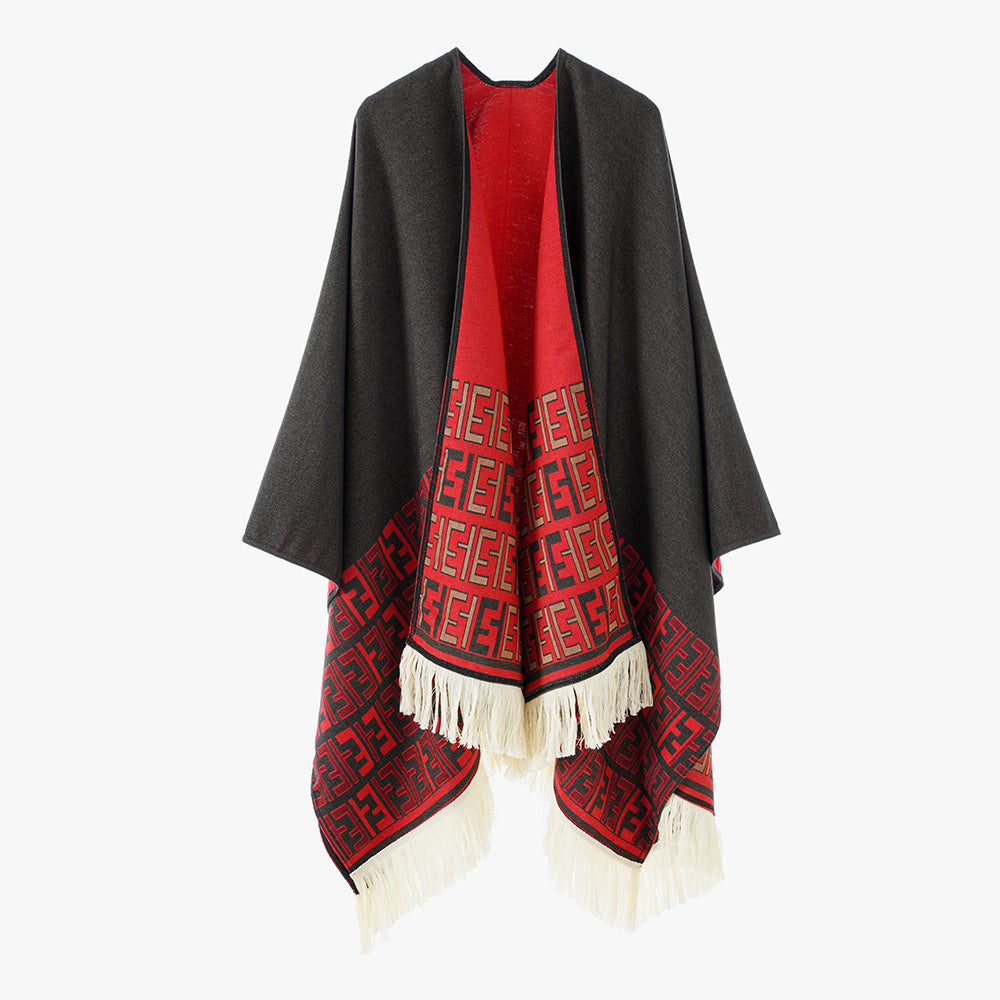 Damen eleganter Überwurf-Poncho mit kunstvollem Fransen-Design und besonderen grafischen Mustern Drune