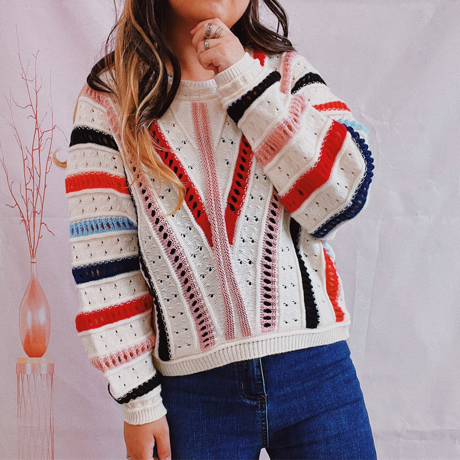 Damen modischer Pullover mit farbenfrohem V-Ausschnitt und strukturiertem Strickdesign Drune