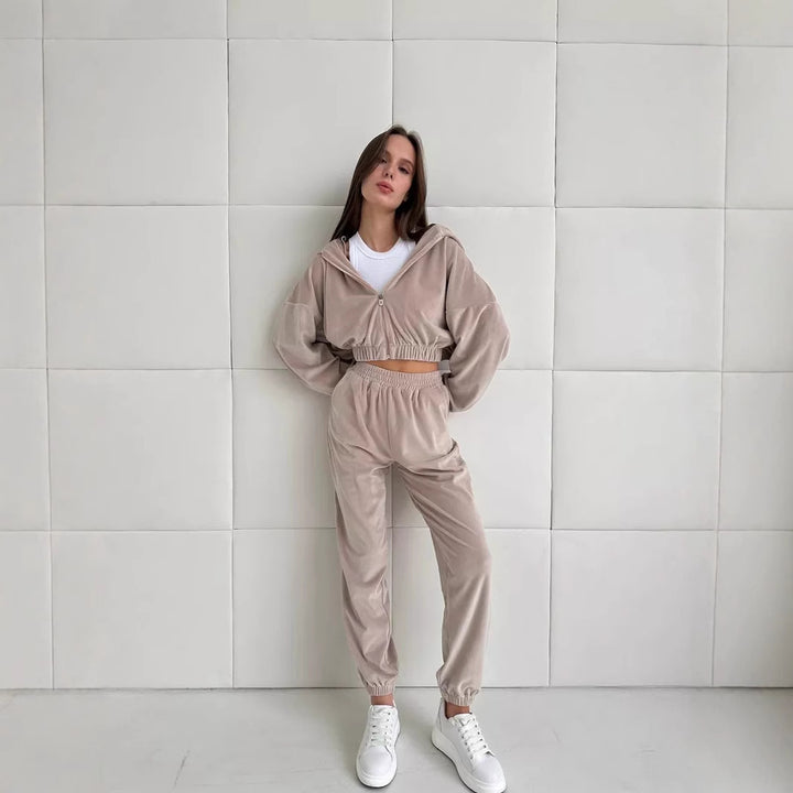 Damen Sportliche Veloursjacke mit elastischem Bund und großem Kragen Drune