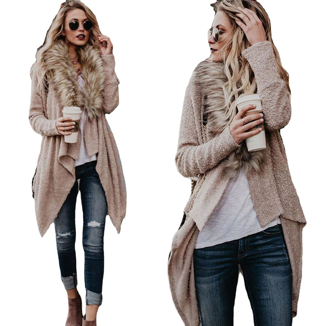 Damen weiche Strickjacke mit luxuriösem Kunstfellkragen und asymmetrischem Schnitt Drune