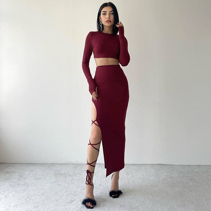 Damen elegantes Langarm-Oberteil mit hohem Bund und seitlichem Cut-Out Drune