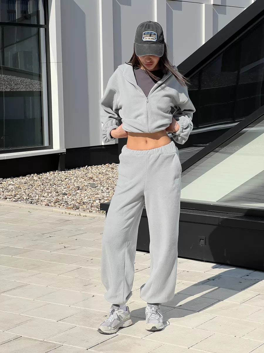 Damen sportlicher Fleece-Loungewear-Anzug mit hohem Kragen Drune
