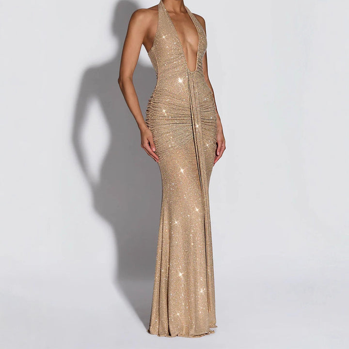 Damen Glamouröses Abendkleid mit tiefem V-Ausschnitt und funkelnden Details Drune