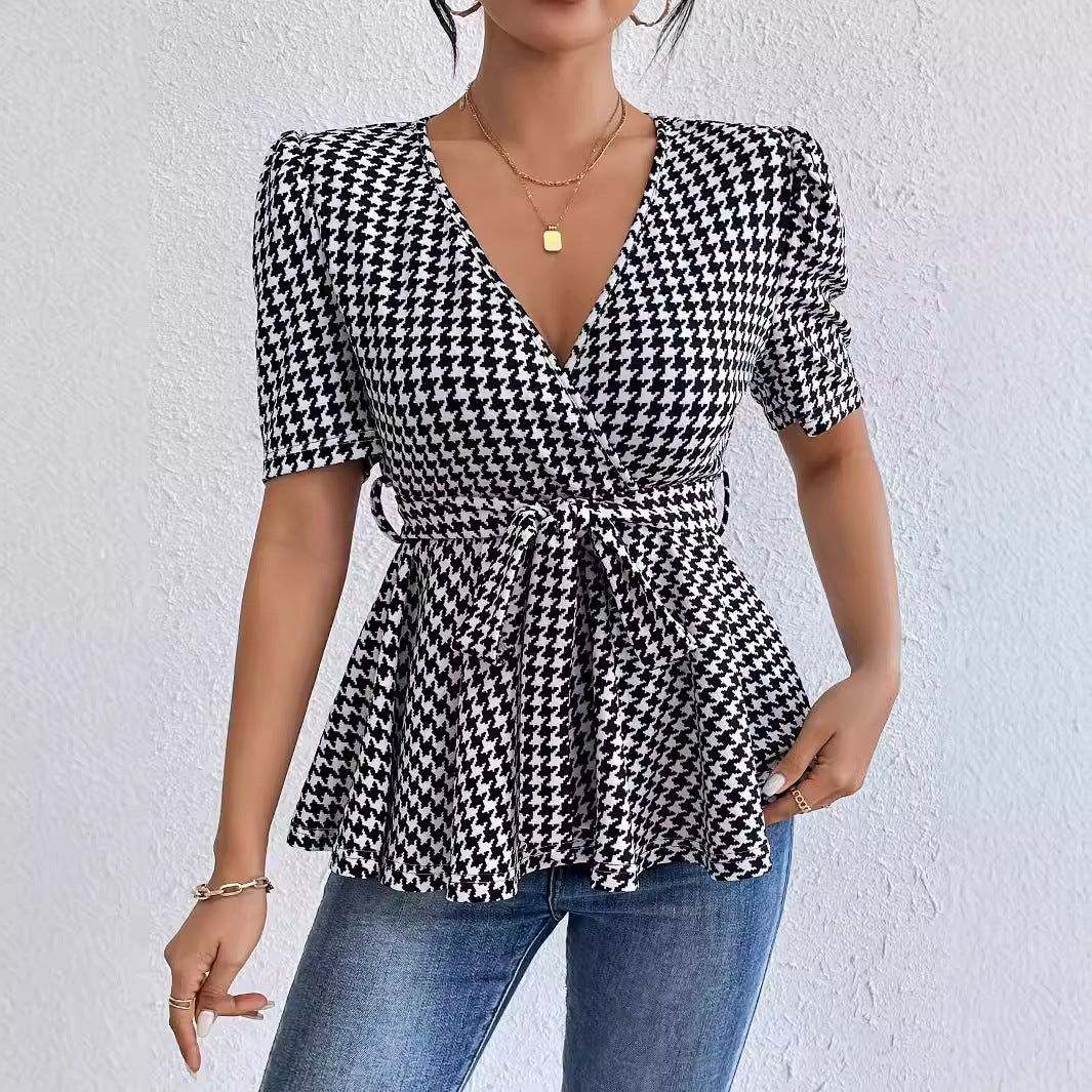 Damen Wickelbluse mit ausgefallenem Karomuster und tailliertem Design Drune