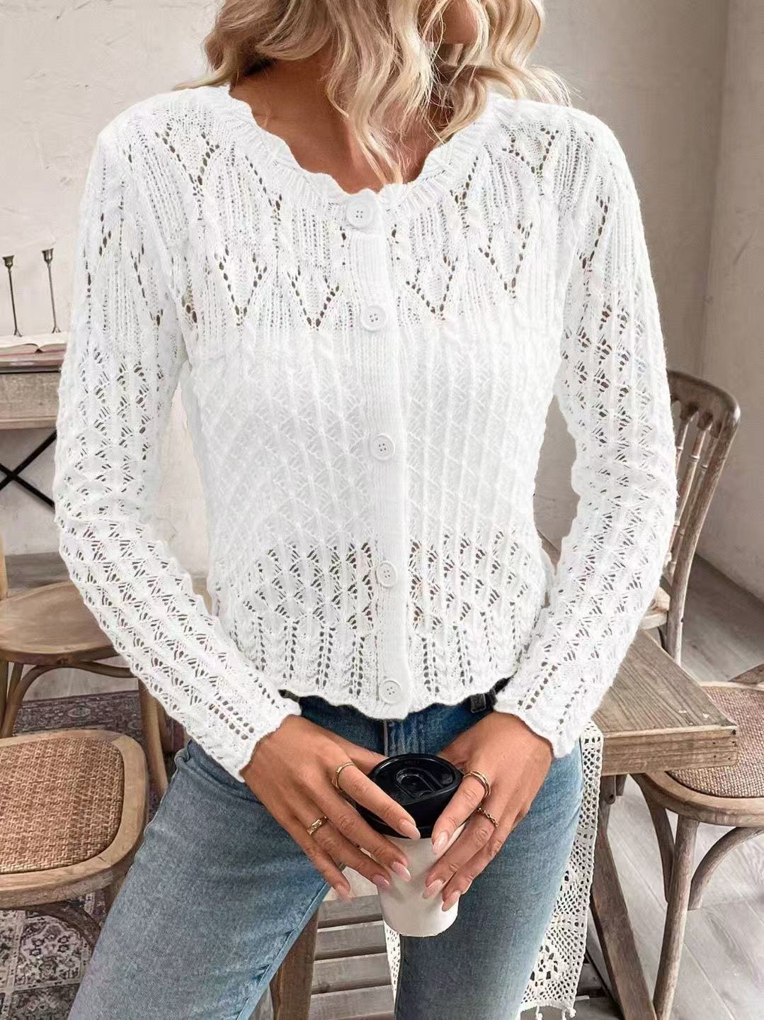 Damen Strickjacke mit einzigartiger Häkelstruktur und knopflosem Design Drune