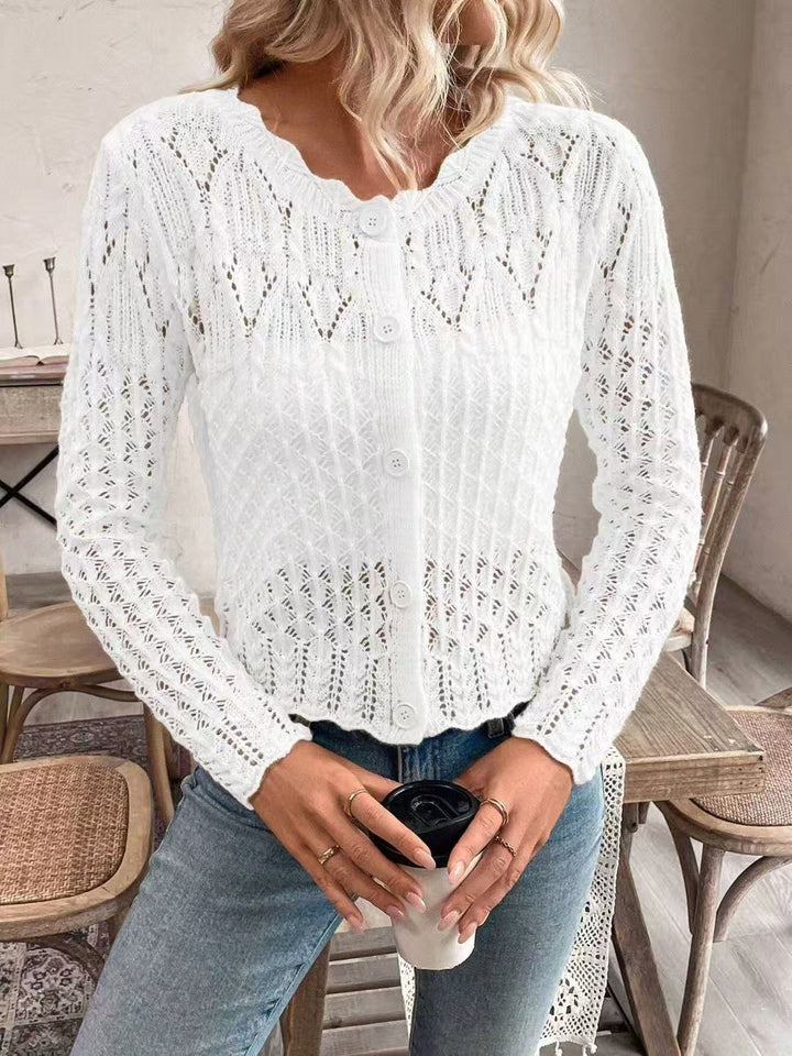 Damen Strickjacke mit einzigartiger Häkelstruktur und knopflosem Design Drune