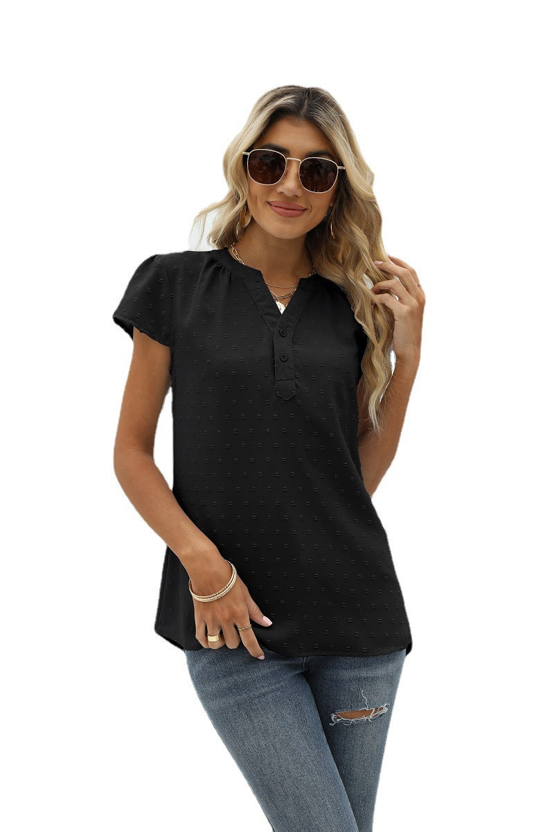 Drune | Jacquard Chiffon Locker V-Ausschnitt Kurzarm Top