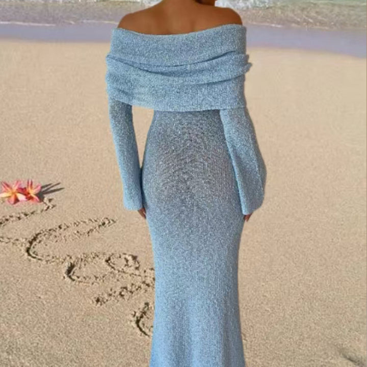 Damen Off-Shoulder Maxikleid mit langem Arm und elegantem Stoff Drune