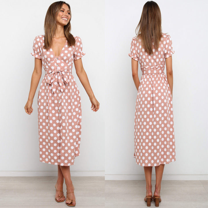 Damen Polka Dot A-Linie Midi Kleid mit Bindegürtel Drune