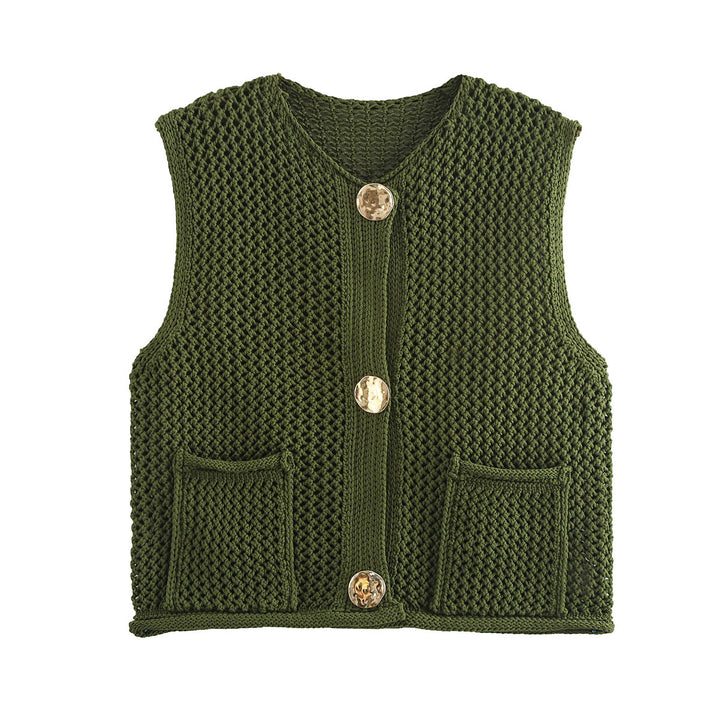 Damen Strickweste mit dekorativen Knöpfen und Taschen Drune