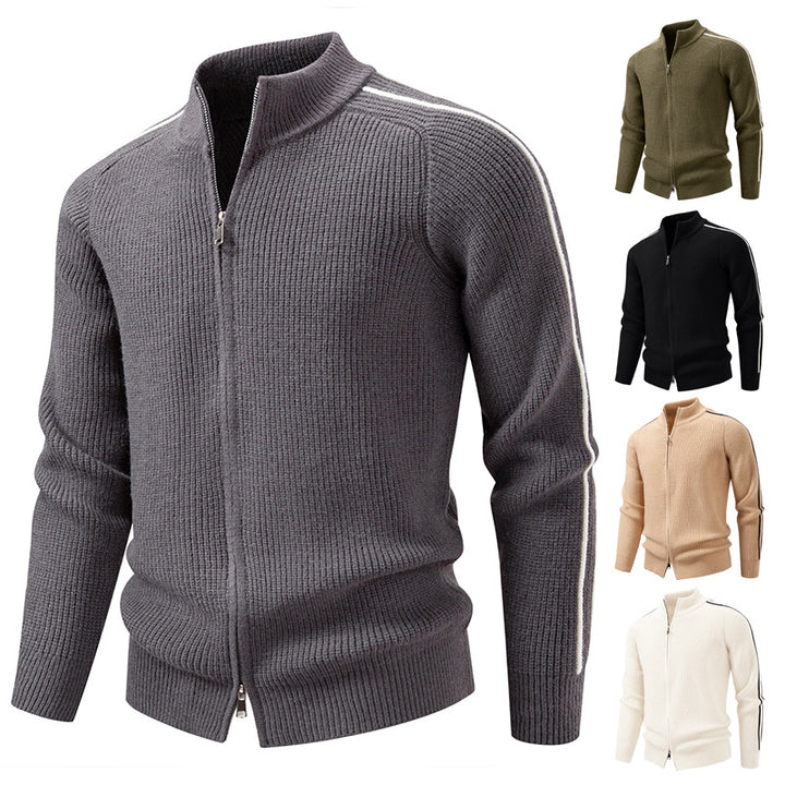 Herren nan Reißverschluss-Strickjacke mit Stehkragen, strukturierter Rippenoptik und kontraststreifen Drune