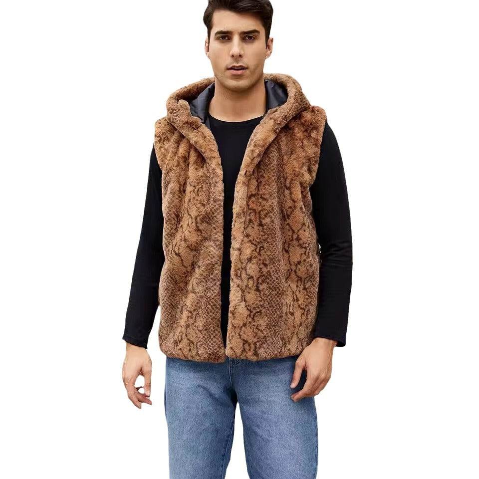 Herren Elegante Fleece-Weste mit Kapuze und Schlangenmotiv Drune
