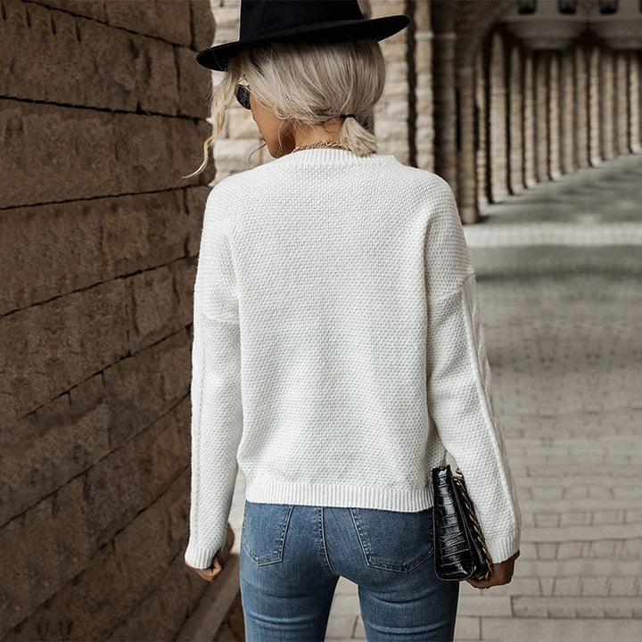 Damen lässiger Strickpullover mit modernem Zopfmuster und V-Ausschnitt Drune