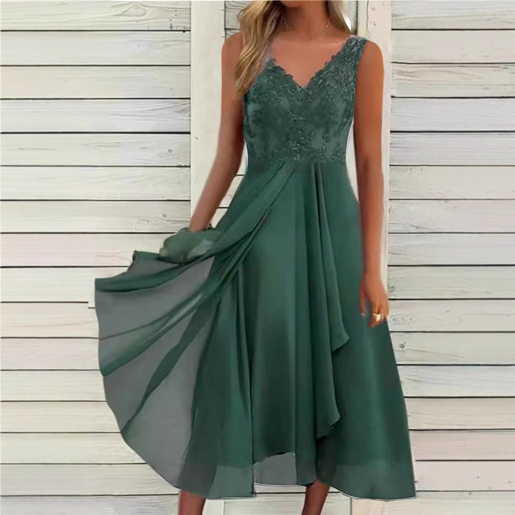 Damen nan elegantes Abend-Midikleid mit bestickter Spitzen-Büste, taillierter Drapierung und fließendem Lagenrock Drune