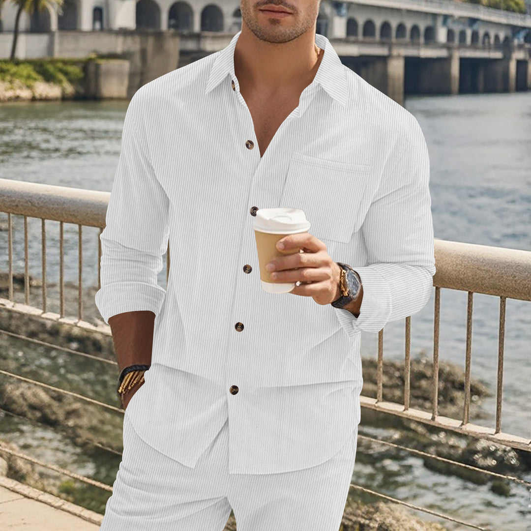 Herren gestreiftes Langarmshirt mit modischem Stehkragen und praktischer Brusttasche Drune
