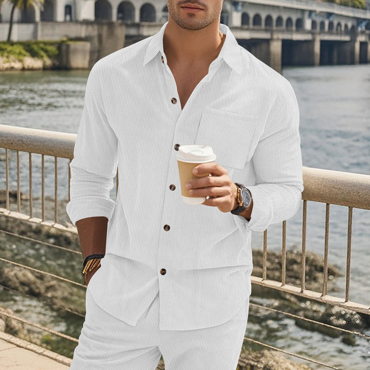 Herren gestreiftes Langarmshirt mit modischem Stehkragen und praktischer Brusttasche Drune