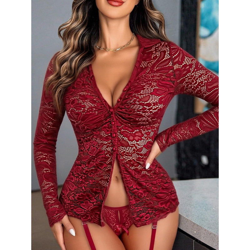 Damen Transparente Spitzenbluse mit knöpfbarem Ausschnitt und langem Arm Drune