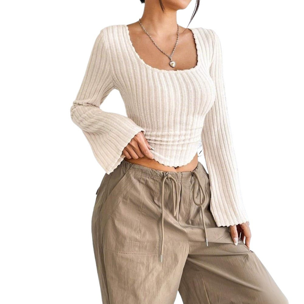 Damen Langarm-Crop-Top mit dekorativem Rippdesign und abgerundetem Saum Drune