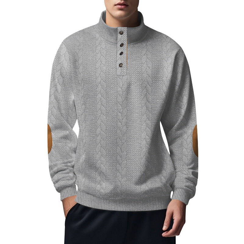 Herren nan strukturiertes Kabelstrick-Henley-Pullover mit Stehkragen und Ellbogenpatches Drune
