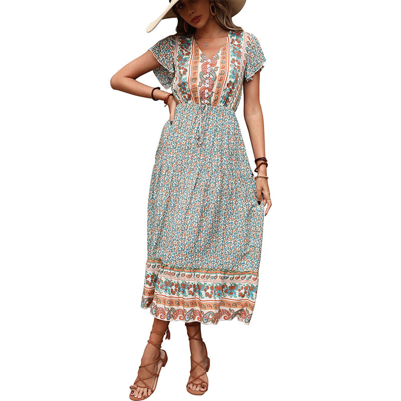 Damen Maxi-Kleid mit floralen Details und elastischem Taillenzug Drune