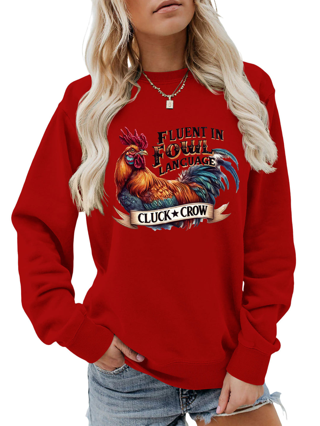 Damen Sweatshirt mit humorvollem Hühnermotiv und bequemer Passform Drune