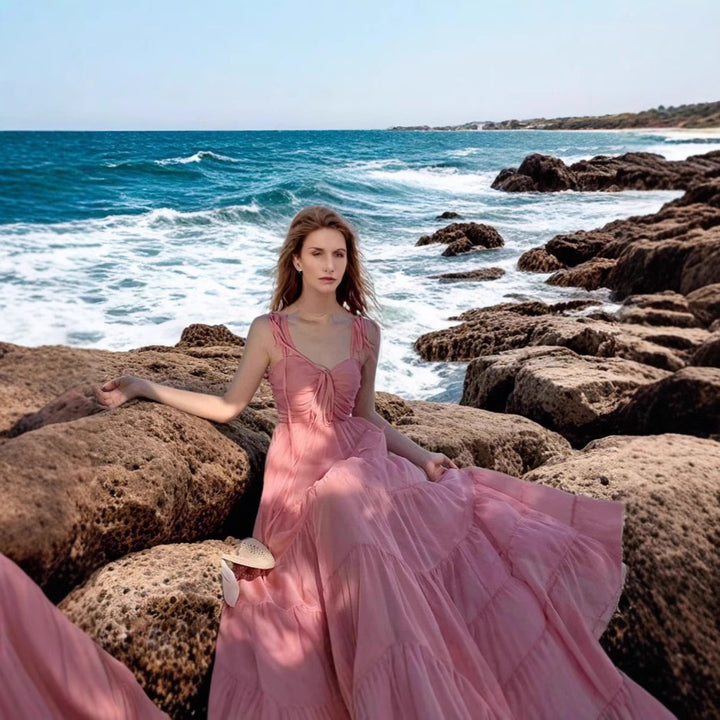 Damen Maxikleid mit rüschendem Design und schulterfreien Trägern Drune