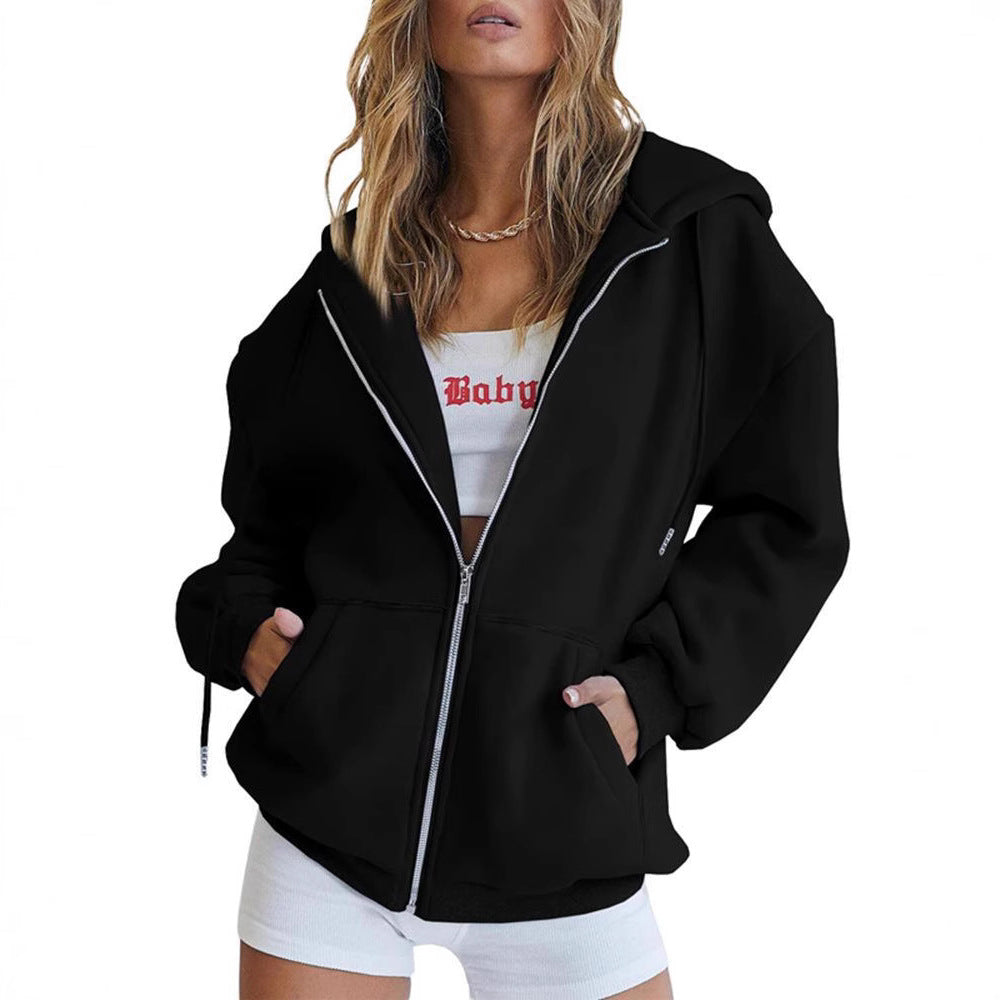 Damen nan Oversize-Zip-Hoodie mit Kapuze Kängurutaschen und weichem French-Terry Drune