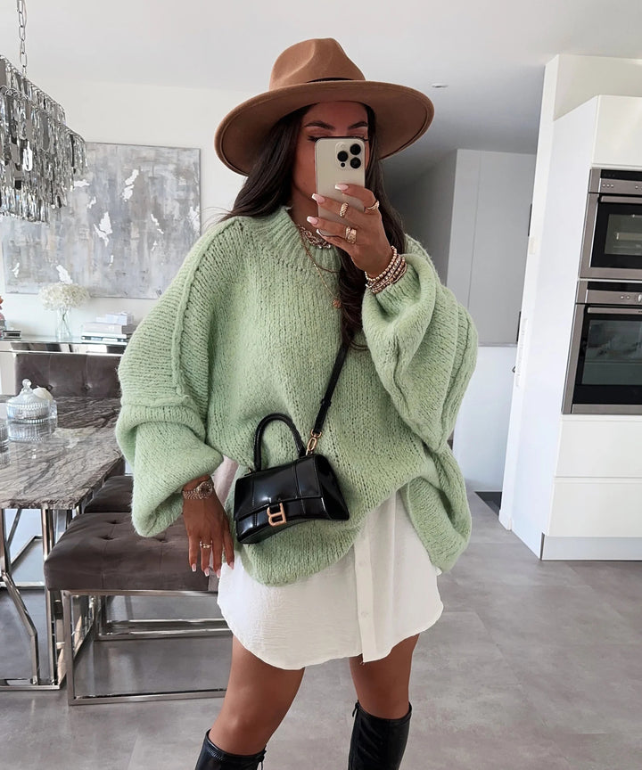 Damen lässiger Oversize Pullover mit hohen Ärmeln und unkonventionellem Schnitt Drune