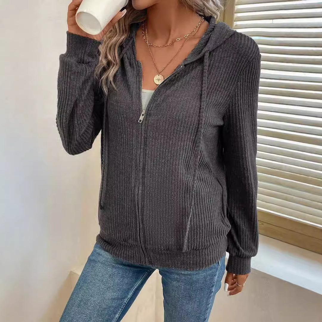 Damen gemütliche Kapuzenjacke im stylischen Rippstrickdesign Drune