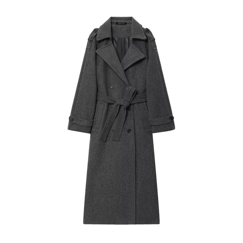 Damen Eleganter Wolltrenchcoat mit doppelter Knopfleiste und Taillengürtel Drune