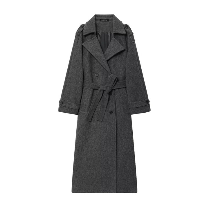 Damen Eleganter Wolltrenchcoat mit doppelter Knopfleiste und Taillengürtel Drune