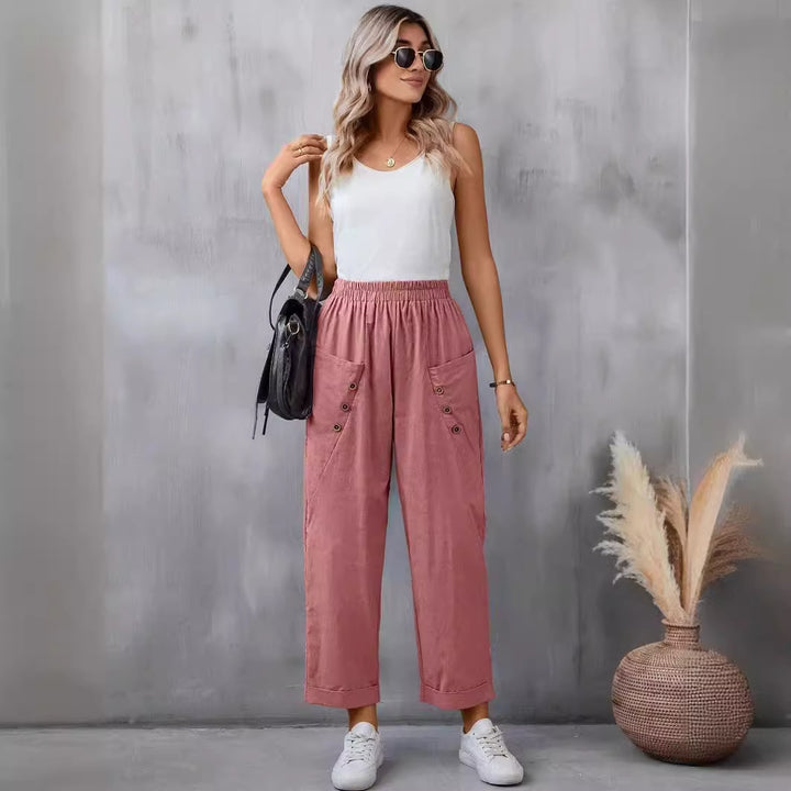 Damen elegante Freizeitpants mit Knopfdetails Drune